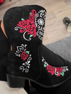 Black Suede Embroidered Floral Western  Boots